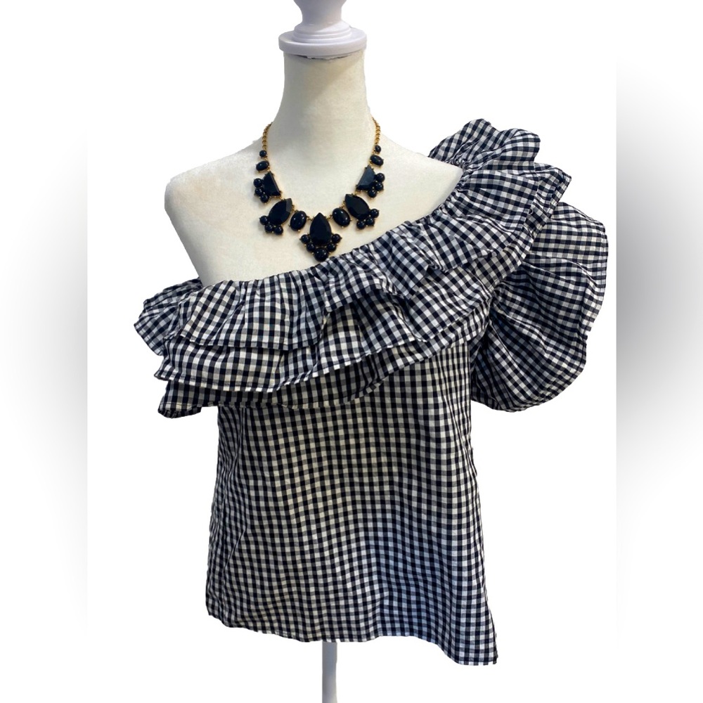 Walter Baker Black & White Gingham “Martyn” One-Shoulder Top- Size L